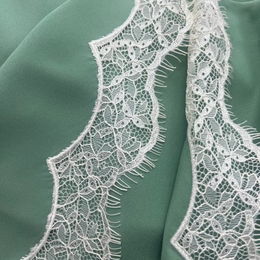 CHICJOC 100% Silk Bias-Cut Green Midi Skirt w/ Lace Hem size 38